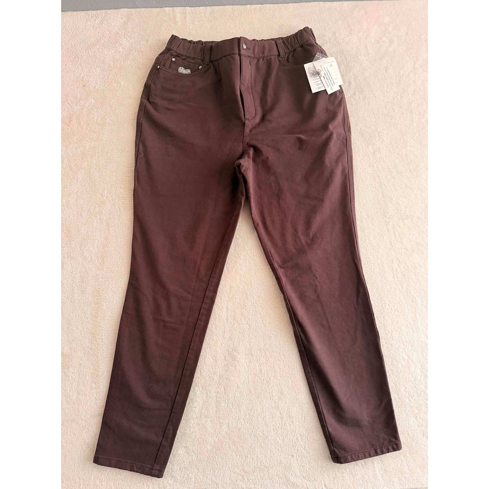 Quacker Factory DreamJeannes Women's 14 Brown Rhinestone Heart Knit Pants